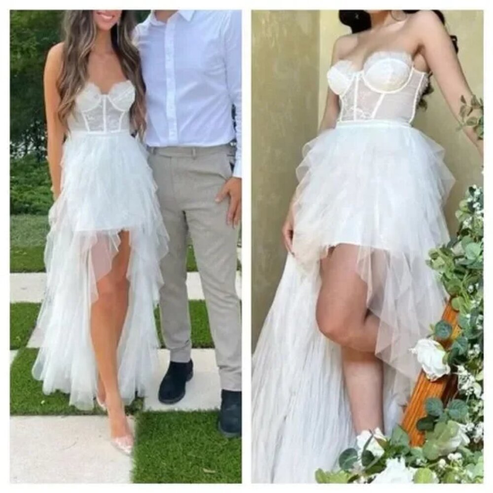 For Love & Lemons White Tulle High-Low Maxi Dress